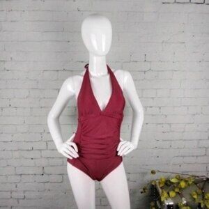 Lomitti Ruched Keyhole Back Tummy Control Low Cut One Piece Swimsuit In Wine Sm